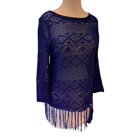 Chicos Blue Coverup Tunic Embroidered Boho Hippie Fringe Festival Size 0 (XS) - Picture 2 of 9